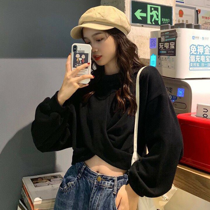 Áo croptop tay dài, áo croptop kiểu nữ tay phồng xoắn bụng vải cotton thoáng mát cá tính | BigBuy360 - bigbuy360.vn