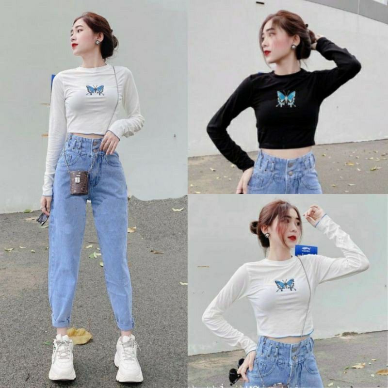 Áo croptop cổ cao tay dài thêu hình bướm