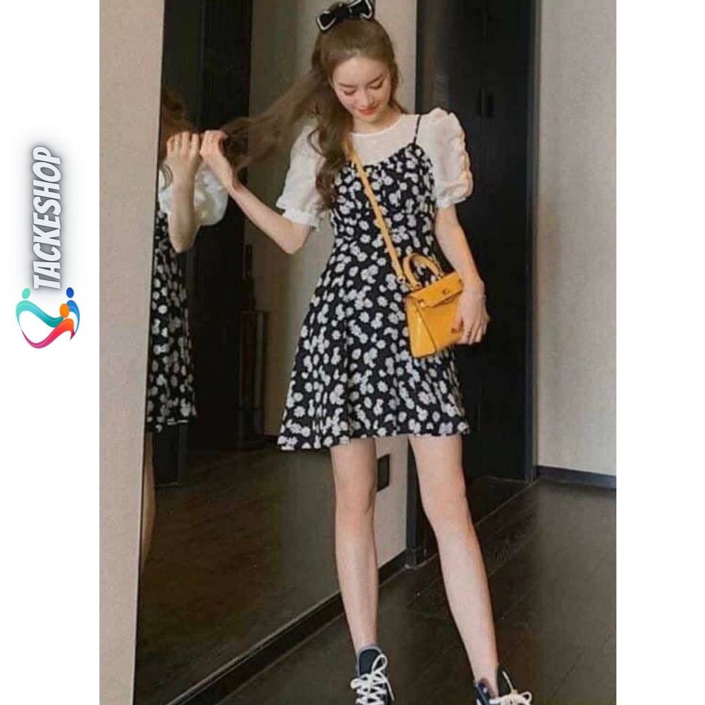 Váy Đầm Đũi 2S Dây Hoa Cúc Phối Voan Dáng Xòe