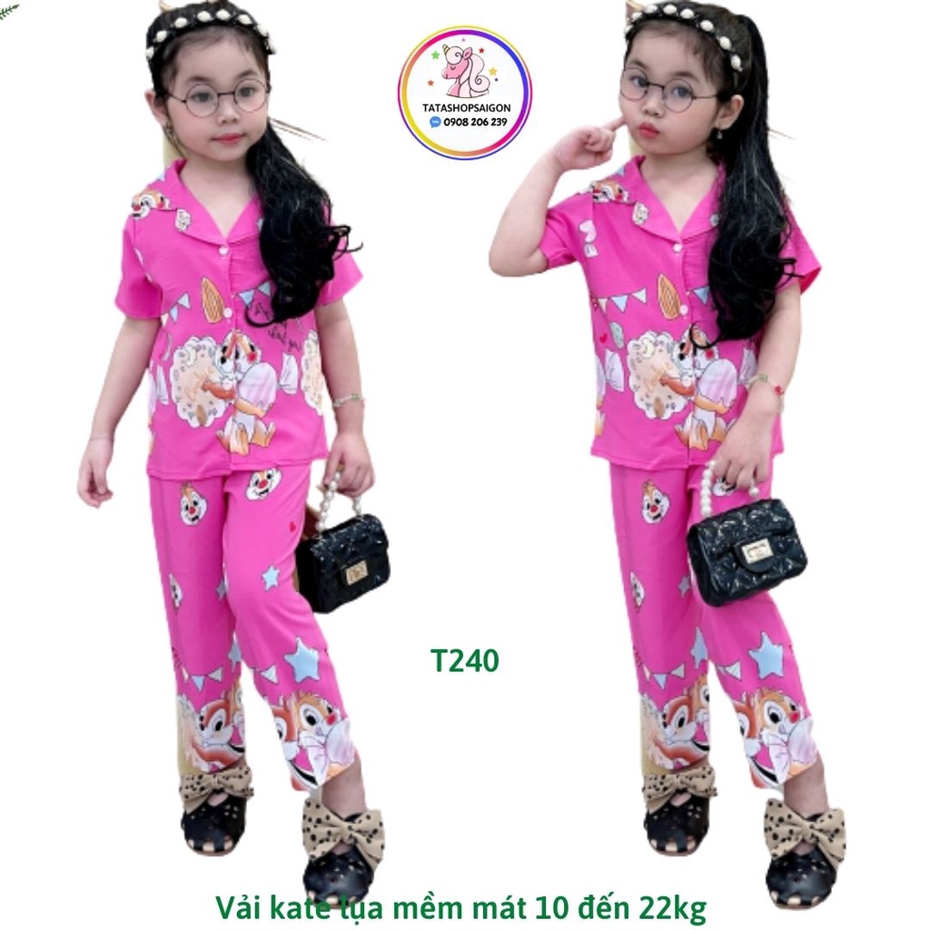 Bộ pijama tay ngắn quần dài bé gái mặc nhà kate lụa mềm mát 11 đến 22kg