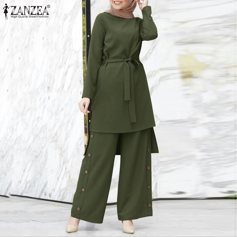 Zanzea Set Áo Dài Tay Cổ Yếm Quần Dài Ống Rộng Thời Trang Dành Cho Nữ