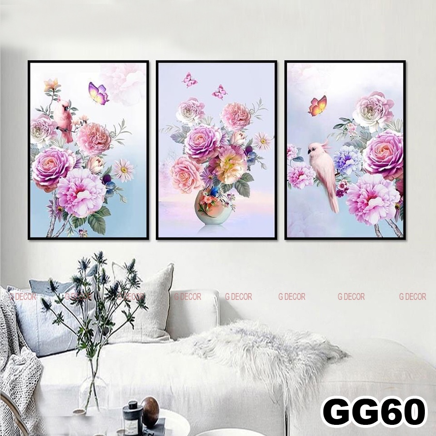 Tranh treo tường canvas khung gỗ 3 bức phong cách hiện đại Bắc Âu tranh hoa trang trí phòng khách phòng ngủ spa decor 20