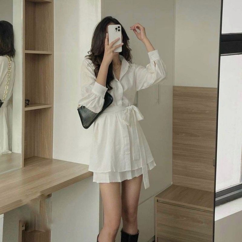 Sét Đồ Hàn Quốc Áo Váy Sơ Mi Buộc Eo Kèm Quần, Sét Đồ Nữ Thanh Lịch Bánh Bèo Chan House