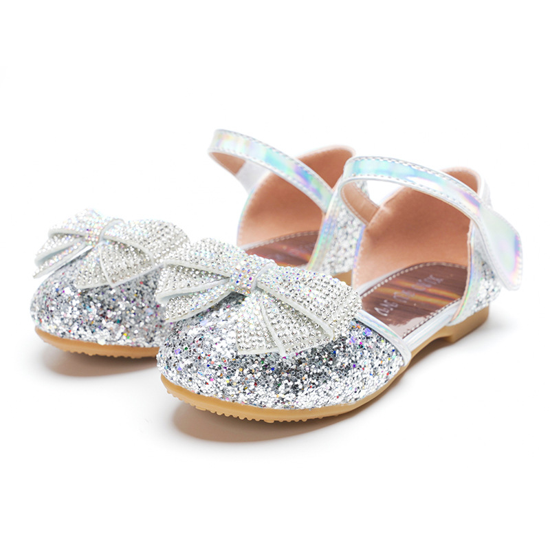 Giày sandal kiểu công chúa đế bằng phối nơ đính đá kim sa lấp lánh xinh xắn cho bé gái