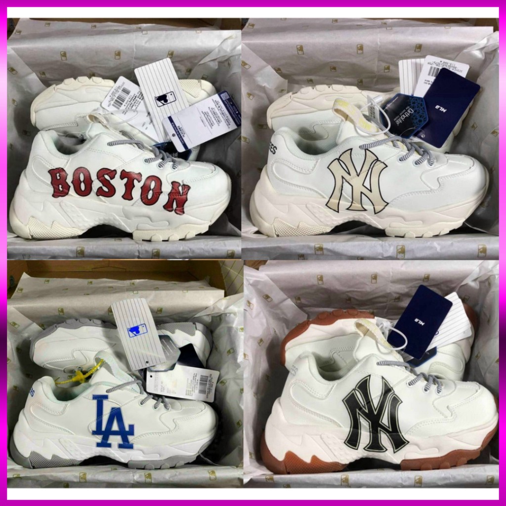 Giày MLB Boston, NY màu trắng [chữ IN 3D] chữ NY đen vàng đế nâu Tăng chiều cao Nam Nữ