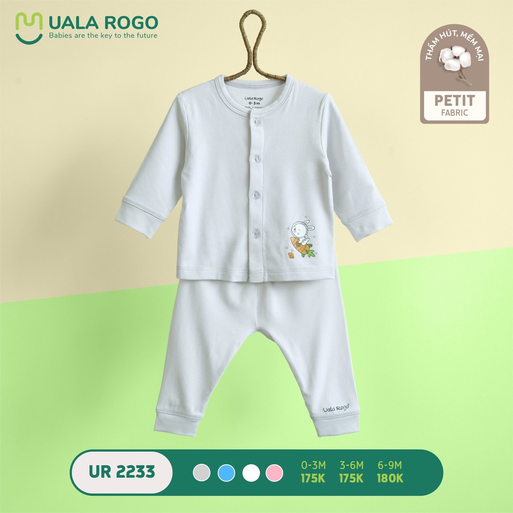 Quần áo sơ sinh Uala rogo 0-9 tháng vải Petit Fabric mềm thấm hút co giãn cúc Cài Giữa dài tay in hình Ur2233