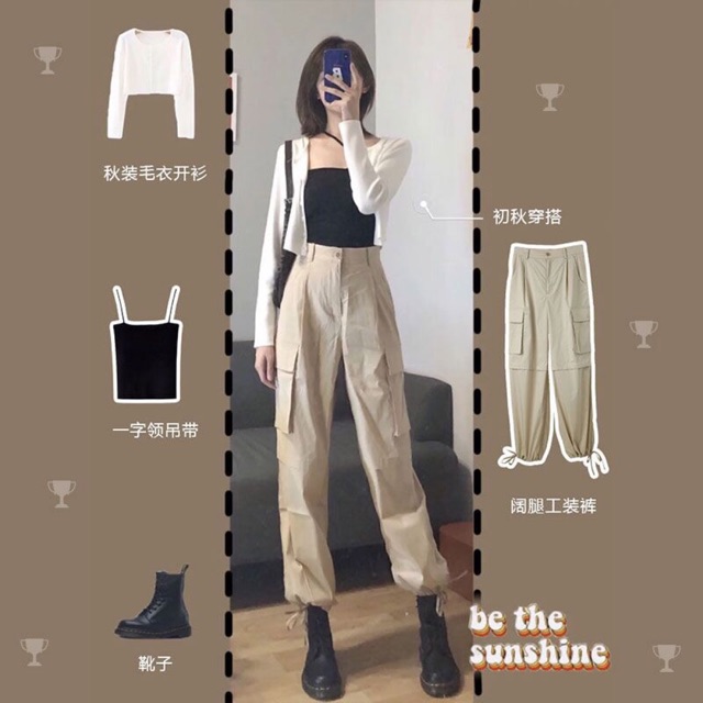 Set quần jogger kaki eo cao + áo 2 dây len gân + áo croptop dài tay tôn dáng siêu chất 🧡 .
