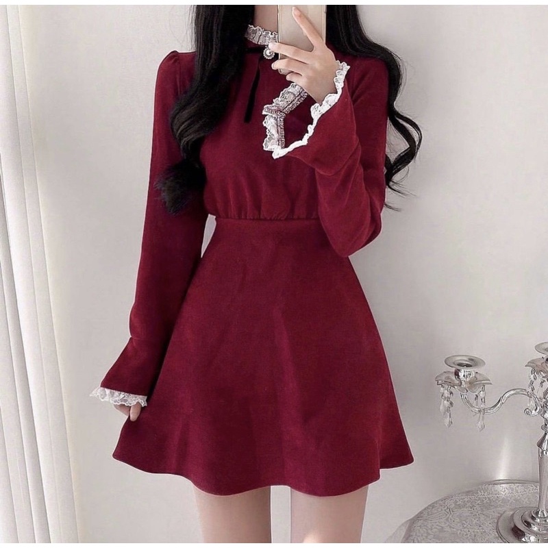 Đầm nữ đỏ phối ren trắng cột nơ lưng form chuẩn cực tôn dáng | BigBuy360 - bigbuy360.vn