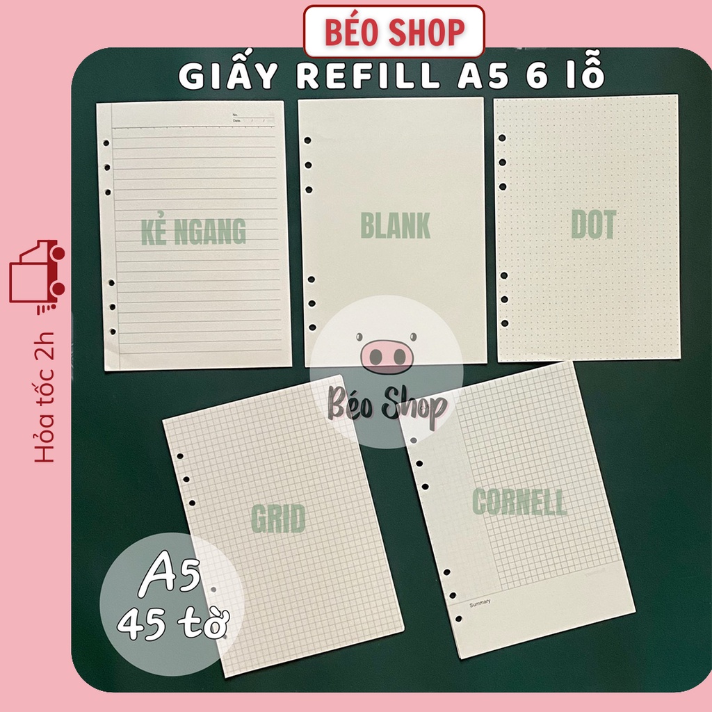 Giấy refill A5 6 lỗ Béo shop , ruột sổ còng làm sổ planner bullet journal