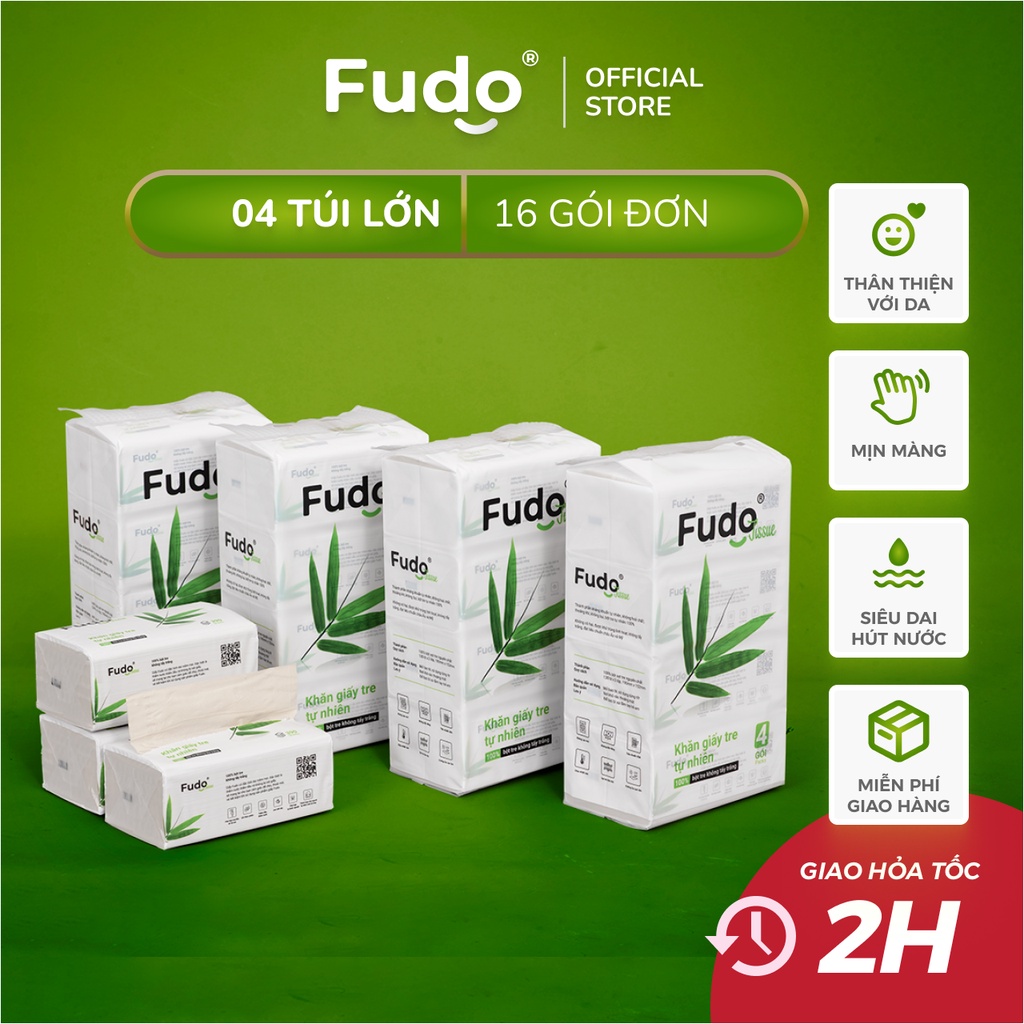 Combo 04 túi Khăn giấy rút cao cấp FUDO - 3 lớp giấy ăn mềm mịn từ bột tre nguyên chất (16 Gói)