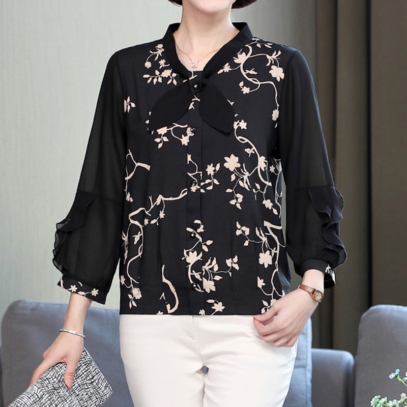 Áo sơ mi chiffon tay dài dáng rộng thời trang cho phụ nữ trung niên