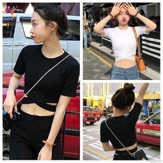 Áo thun croptop cổ tròn viền chéo eo dành cho nữ