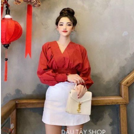 Áo  kiểu Cổ V tay  dài bo nhún eo phong cách Japan (A15