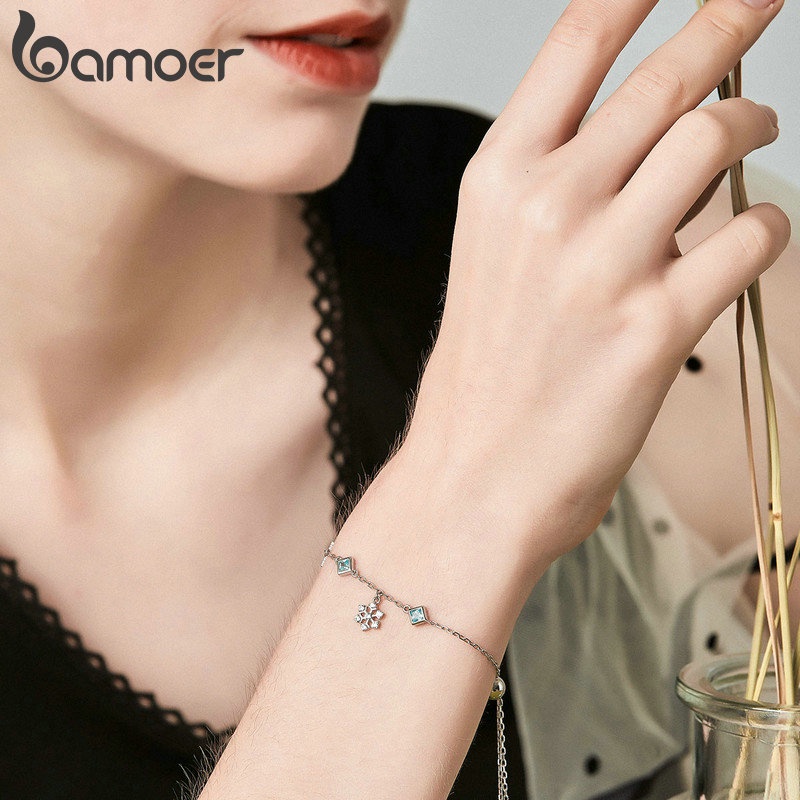 BAMOER Bông Tai Xi bạc 925 HìNh Bông TuyếT ĐíNh Đá Zircon