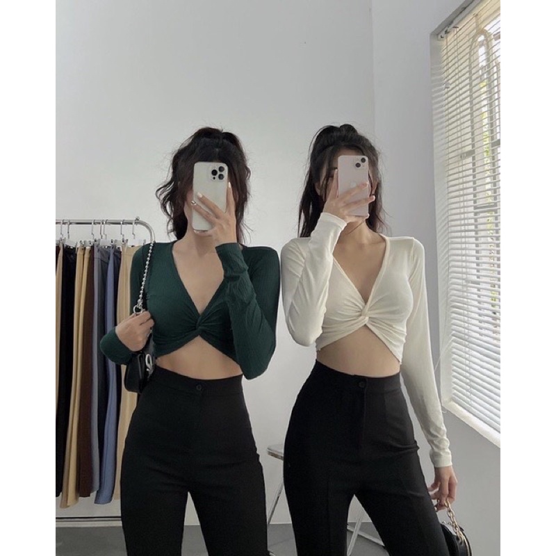 Áo croptop xoắn ngực tay dài, Áo Croptop Cổ V Khoét Sâu Xoắn Ngực Tay Dài Tôn Dáng Gợi Cảm A2171