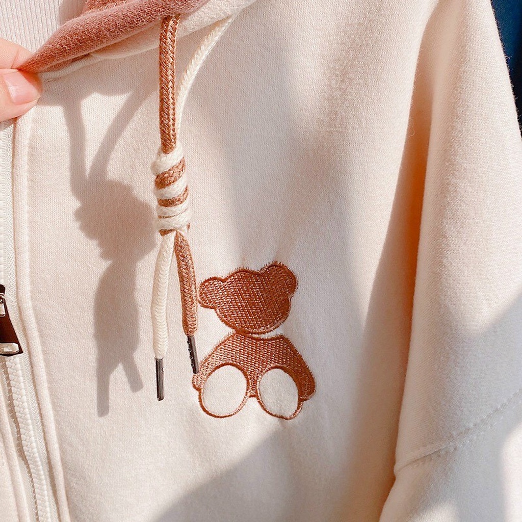 Áo Khoác Nỉ Khoá Kéo Hình Gấu Unisex Mặc Ấm, Áo KHOÁC NỈ thêu Gấu CHẤt nỉ cotton dày dặn có lót lông