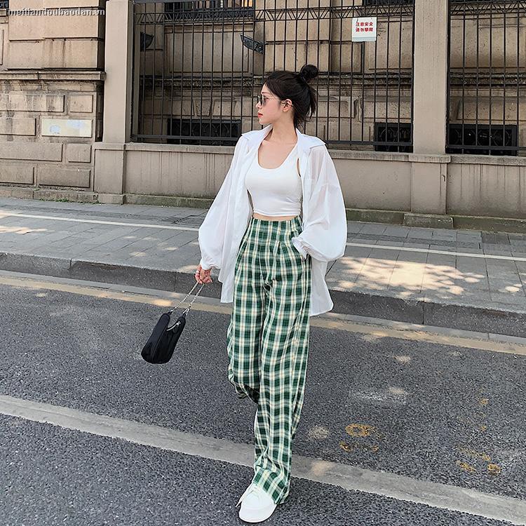 ﹉▨┅Summer Korean version of 2020 new high waist loose drape wide-leg trousers ins all-match plaid casual pants women’s trend