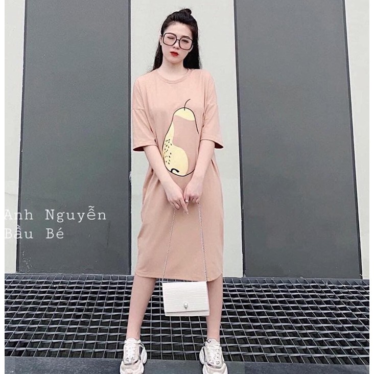 Đầm suông nữ from rộng cotton mịn mặc bầu thoải mái- Đầm suông bầu in hoa quả cổ tròn tay lỡ - CM Fashion