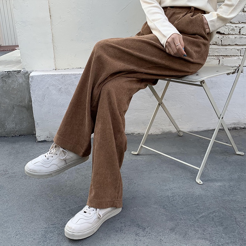 Quần dài ZHELIHANGFEI vải nhung ống rộng lưng cao thời trang cá tính