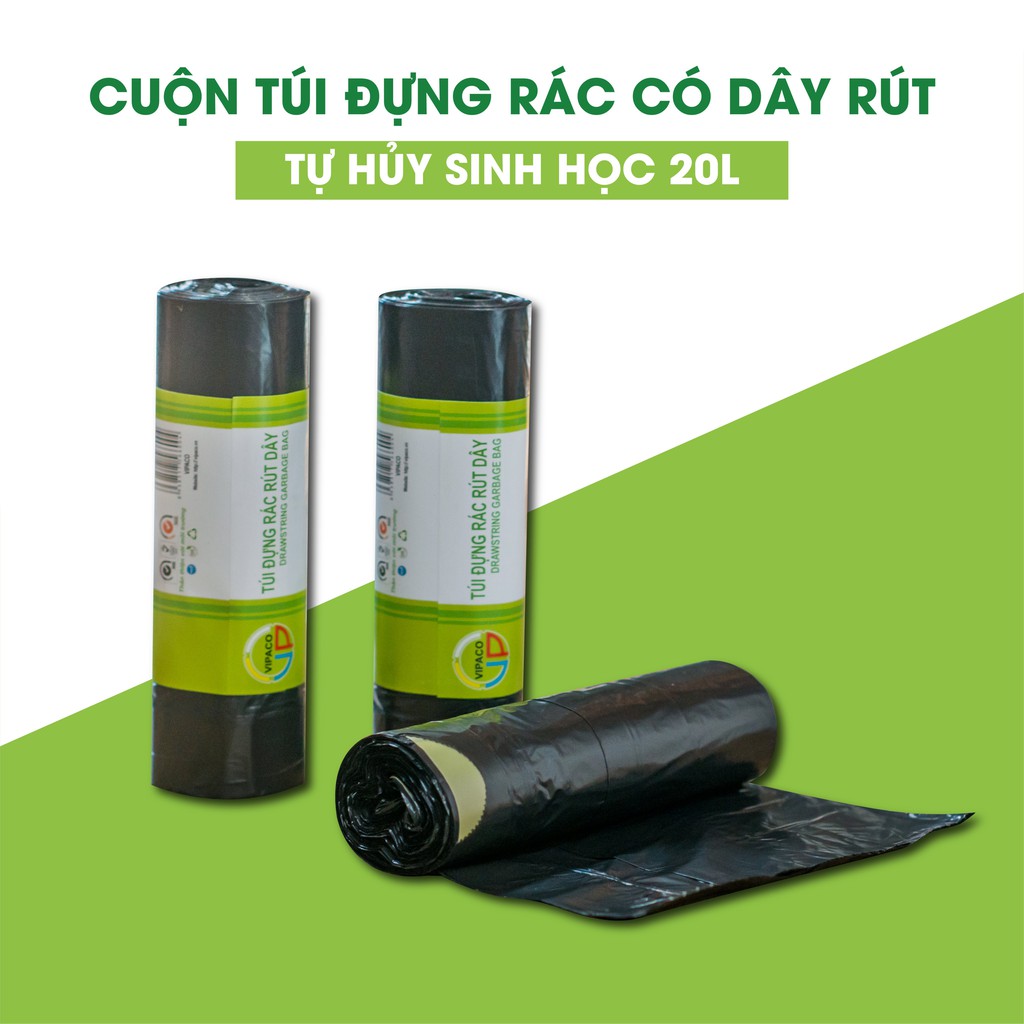 cuộn túi đựng rác có dây rút tự hủy sinh học 25L Vipaco