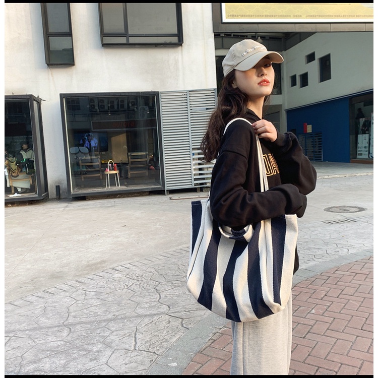 Túi Xách canvas Họa Tiết Kẻ Sọc Cỡ Lớn Phong Cách Hàn Quốc Thời Trang Cho Nữ kf106