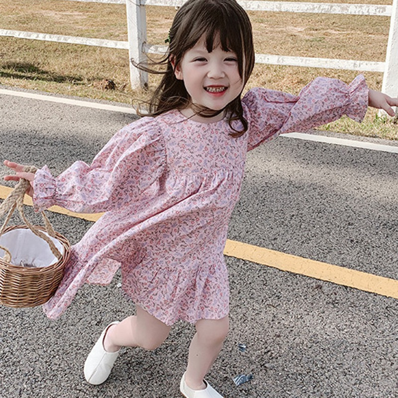 Đầm công chúa dài tay in hoa phong cách Hàn Quốc dễ thương cho bé gái