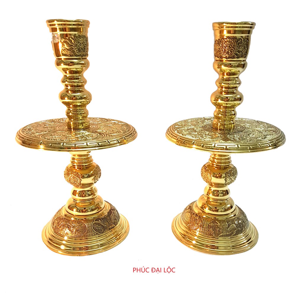 Đôi chân nến Vĩnh Tiến số 3 (VT3) cao 40 cm nặng 4,5 kg màu vàng sáng bóng - Đồ thờ phụng cao cấp bằng đồng