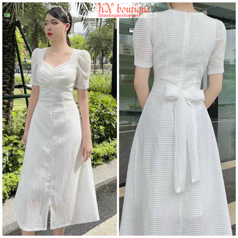Đầm trắng dự tiệc tiểu thư sang chảnh váy xanh xếp ngực cột nơ eo xẻ tà dáng dài xinh đẹp K N Boutique