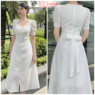 Đầm trắng dự tiệc tiểu thư sang chảnh váy xanh xếp ngực cột nơ eo xẻ tà dáng dài xinh đẹp K N Boutique