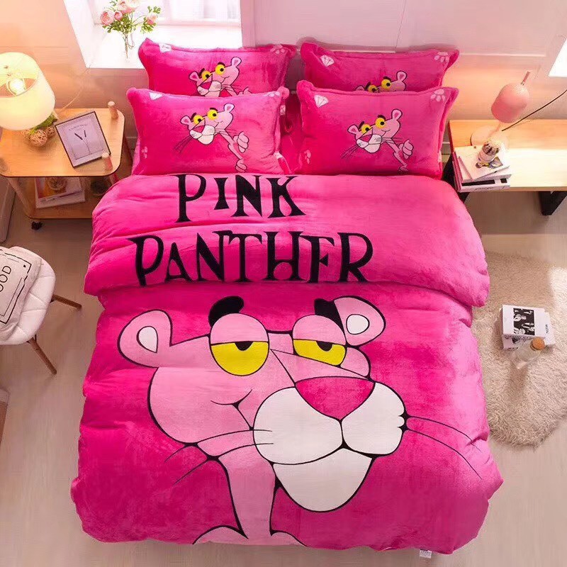 Bộ Chăn Ga Gối Nỉ Nhung Hoạt Hình 5D Pink Panther