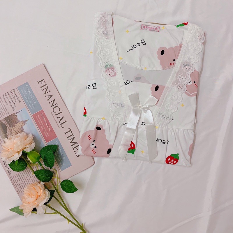 Váy ngủ đầm ngủ nữ chất thun cotton mịn mát mặc nhà thoải mái cổ bèo xinh xắn, hình gấu dễ thương | BigBuy360 - bigbuy360.vn