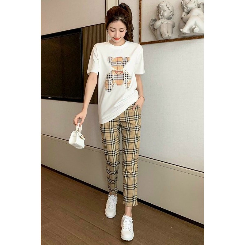 Bộ Thun Cao Cấp  Áo Thun Gấu Tay Cộc Và Quần Họa Tiết Caro Sọc, Bộ Thể Thao Năng Động Cá Tính-Size: M-L-XL-2XL