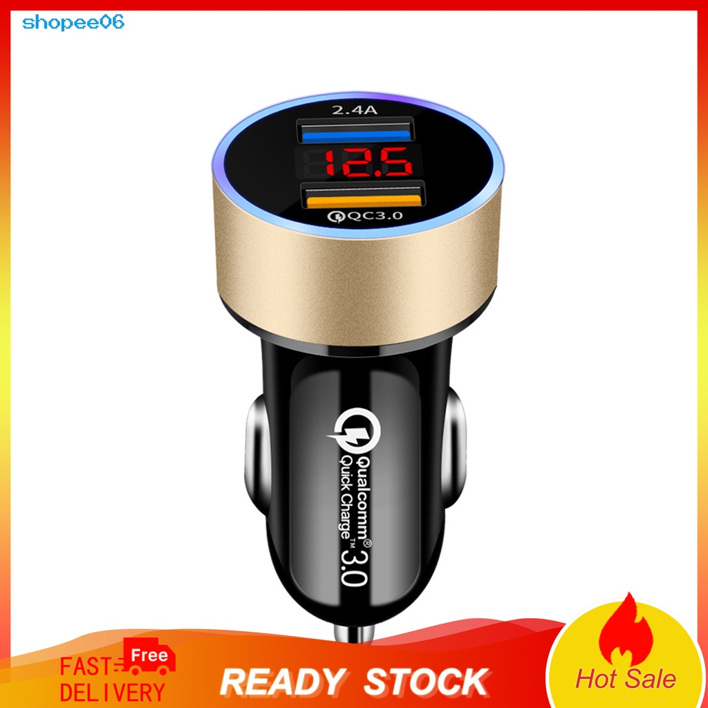 Tẩu sạc xe hơi hai cổng USB 5VQC3.0+2.4A màn hình kỹ thuật số bền bỉ thông dụng