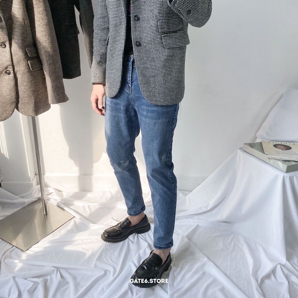 Quần Jean Nam YY slimfit, quần bò xước vằn màu retro kiểu Hàn Quốc GATE6 - Xanh vintage 9055