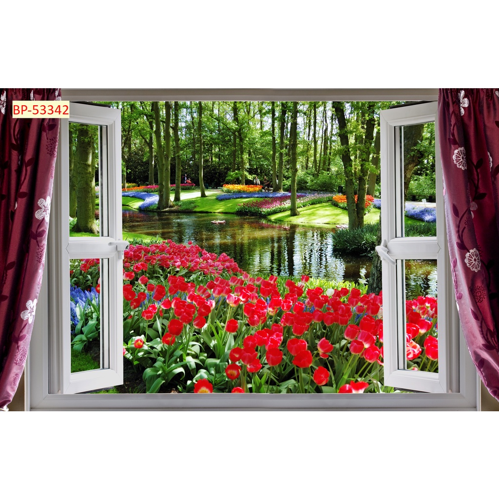 Tranh dán tường 3D khung cửa sổ phong cảnh