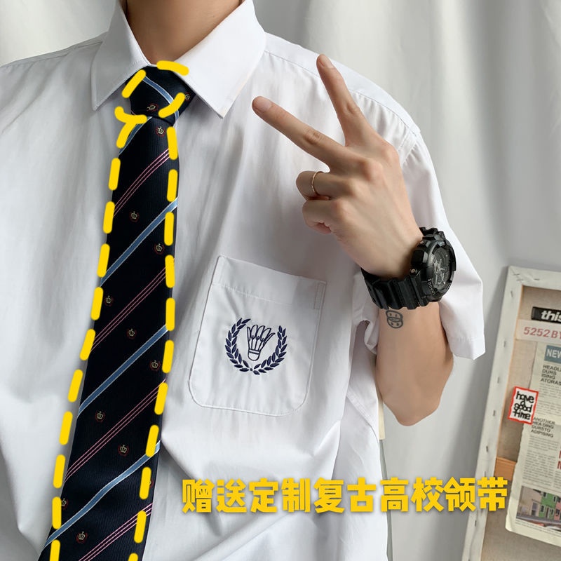 Áo Sơ Mi Trắng Dài Tay Phối Cà Vạt Thêu Họa Tiết Phong Cách Học Sinh