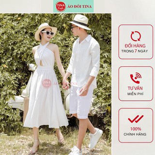 SET ĐỒ ĐÔI NAM NỮ ĐẸP COUPLE TINA SET ĐỒ CẶP NAM NỮ  CỔ YẾM MÀU TRẮNG TINH KHÔI SANG CHẢNH CHO CÁC CẶP ĐÔI