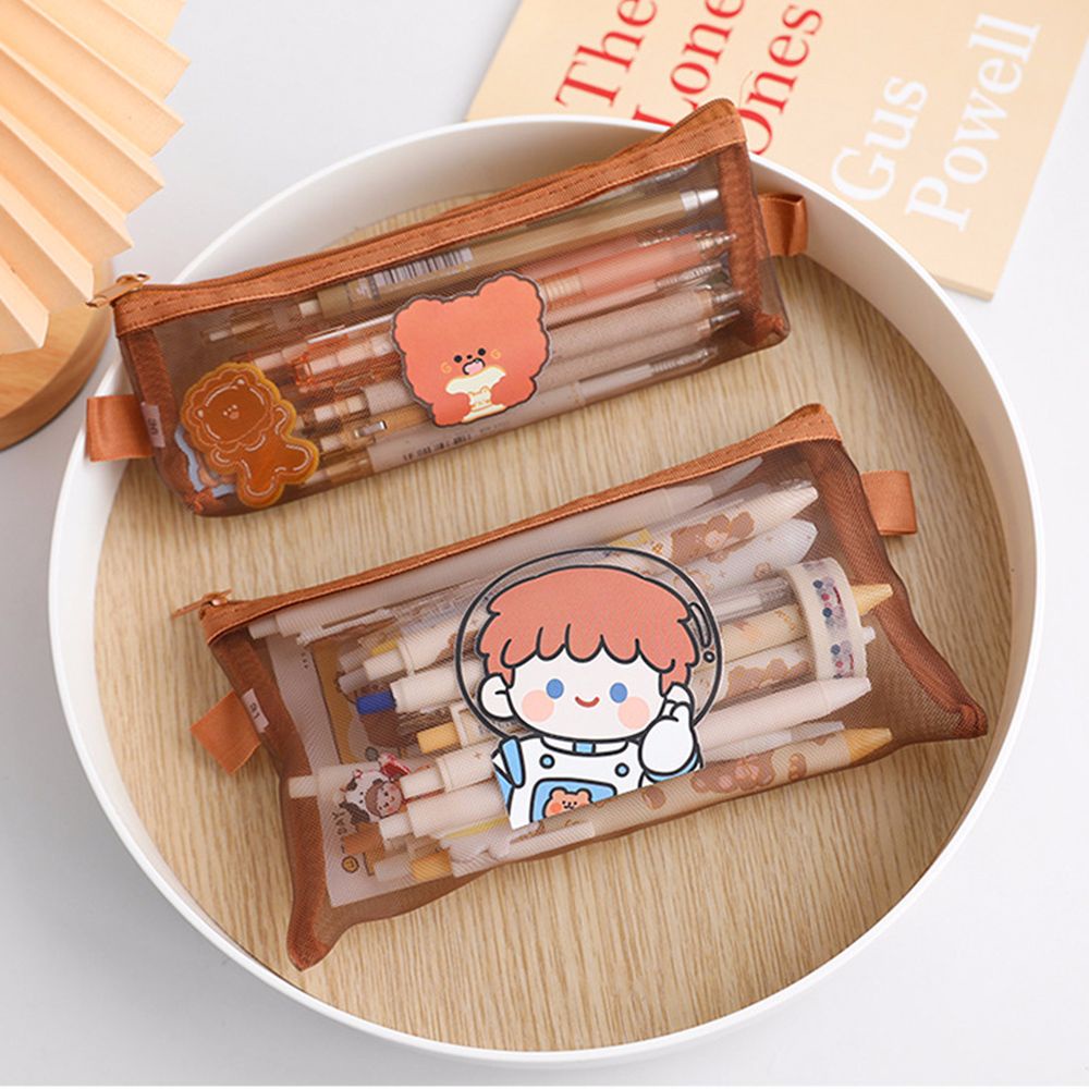 Túi đựng bút bằng lưới màu nâu trong suốt hình gấu phi hành gia dễ thương