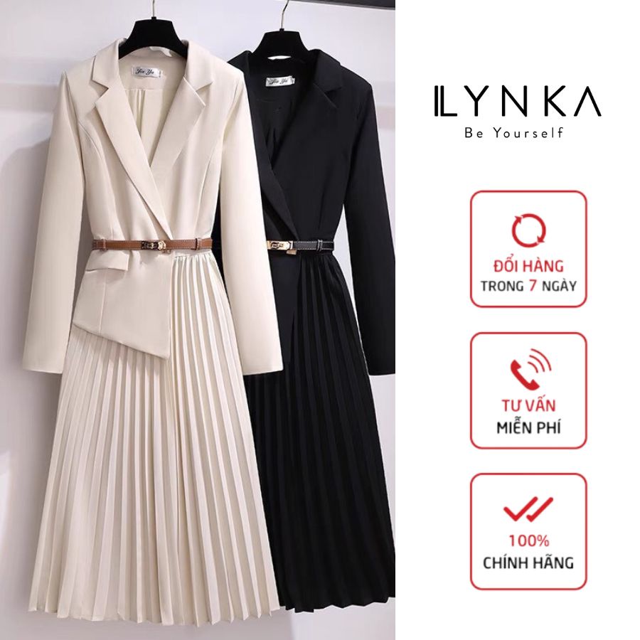 Đầm vest nữ tà xếp li kiểu dáng công sở thành lịch, chất liệu tuýt xi Hàn Lynka FS403