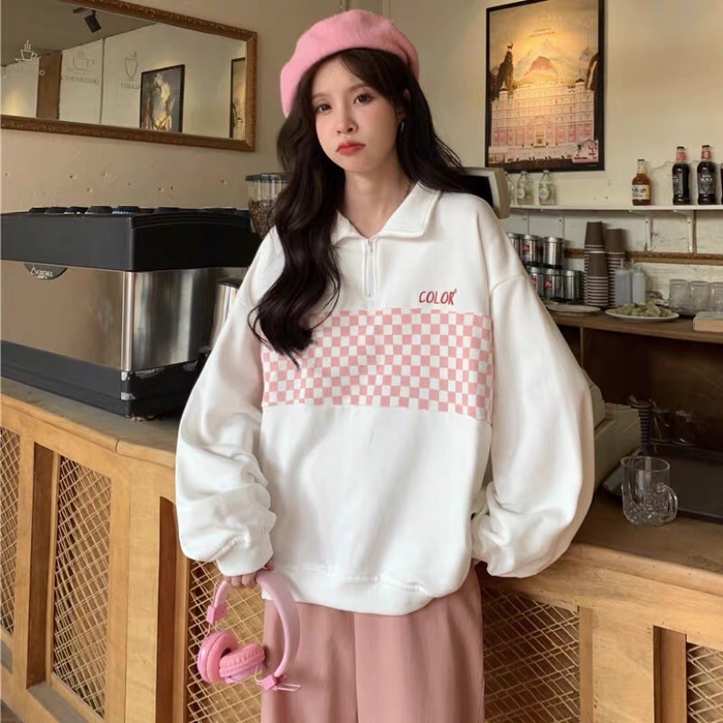 🔺Áo phông nữ có cổ hàng cao cấp form rộng kẻ caro