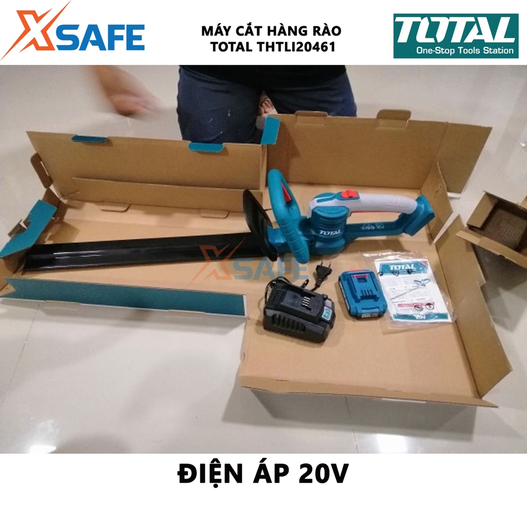 Máy cắt hàng rào dùng pin TOTAL THTLI20461 Mắt cắt tỉa cầm tay điện áp 20V, chiều dài lưỡi 450mm, kèm 1 pin, 1 sạc nhanh