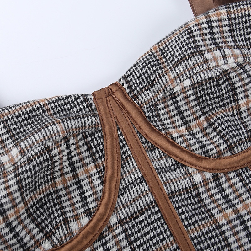 DUNEA Áo kiểu hai dây dáng ngắn họa tiết kẻ sọc ca rô phong cách retro thời trang cho nữ