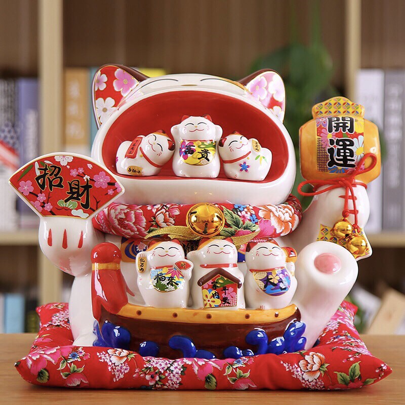 Chú mèo thần tài với Thất Phúc Thần ngồi trên Bảo thuyền cao 35cm