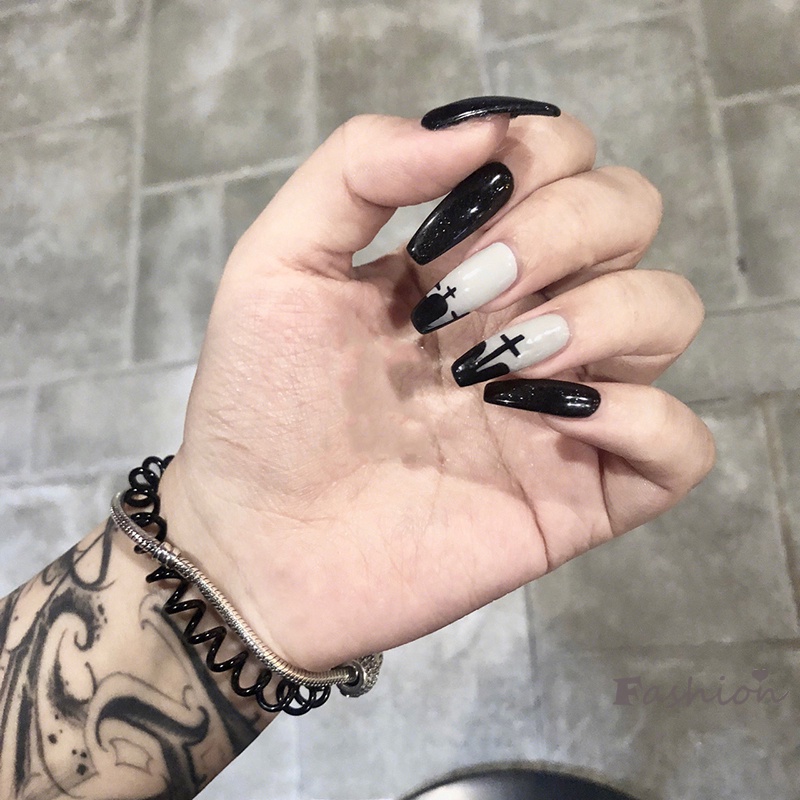 [Hàng mới về] Bộ móng giả dài dán keo in họa tiết Grimace phong cách Halloween sành điệu
