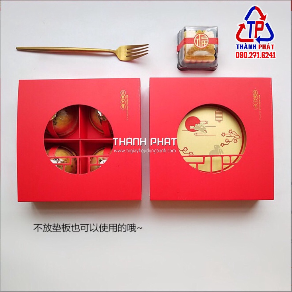 7 Hộp đựng 4 bánh trung thu 2023 bánh 80g - 100g - 125g màu đỏ kèm túi cao cấp - Thỏ trông Trăng
