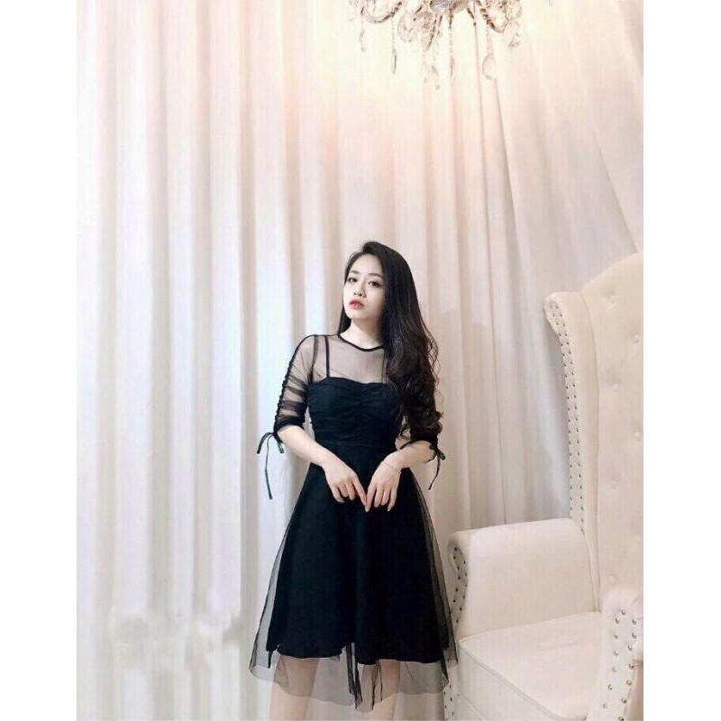 Đầm xòe lưới cổ tròn tay lỡ kết nơ