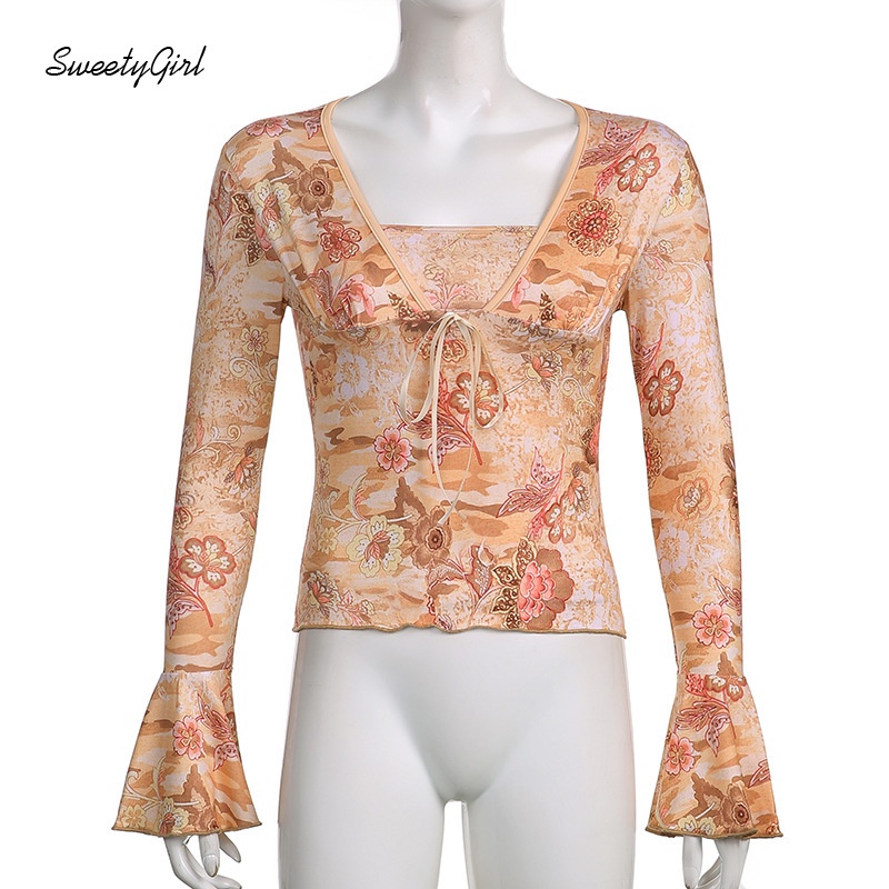 Áo Thun Tay Loe Dài Cổ Chữ V In Họa Tiết Phong Cách Cổ Điển Thời Trang Dành Cho Nữ