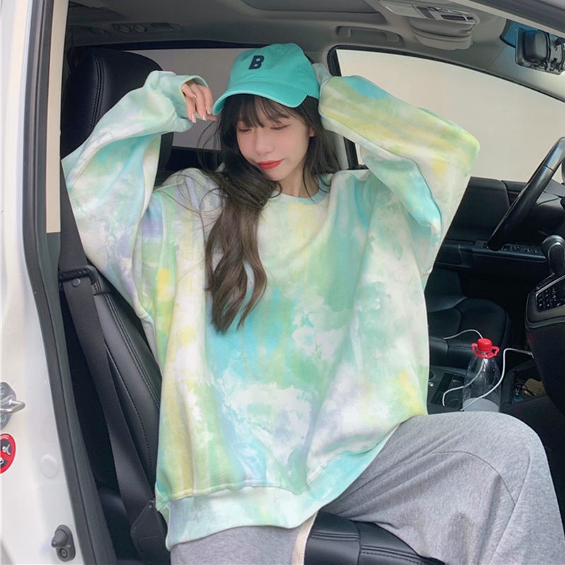 Áo hoodie dài tay dáng rộng màu nhuộm phong cách Hàn Quốc thiết kế mới