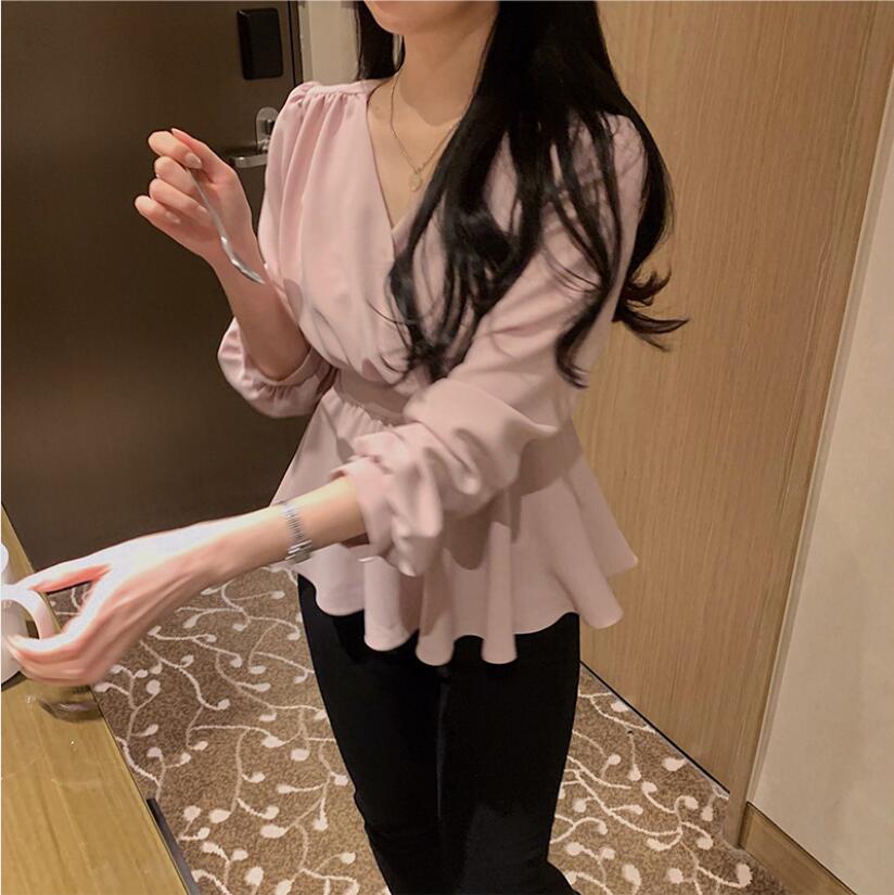 Áo chiffon SUXI tay dài cổ chữ V thanh lịch cho nữ