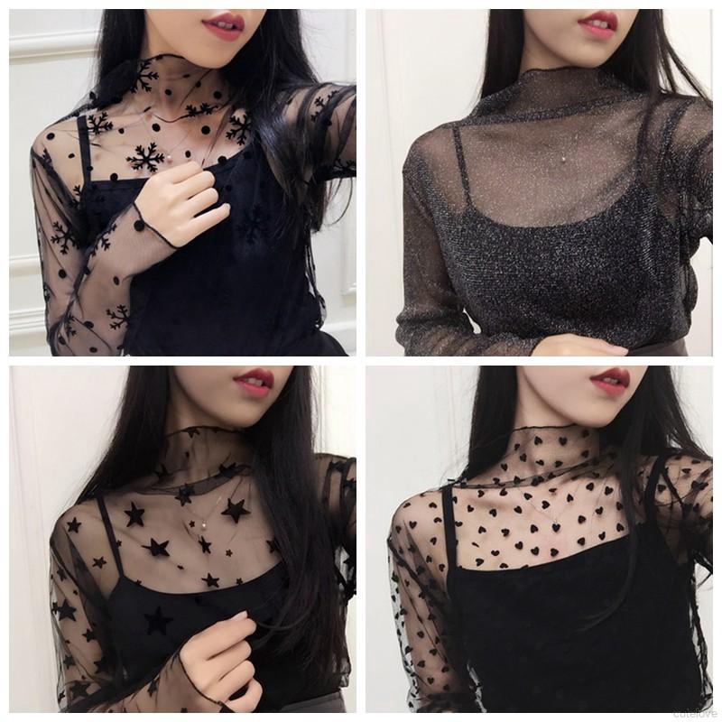 Sexy Blouse Long Sleeve Stand Collar Lace Shirt Mesh Net